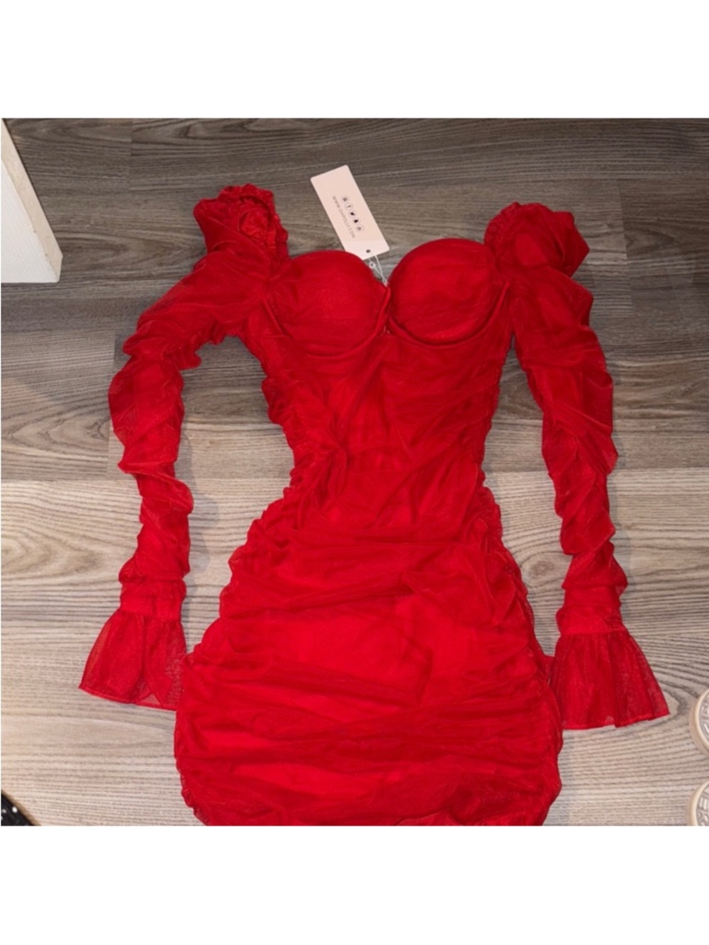 Oh Polly Red Ruched Mesh Long Sleeve Bodycon Dress